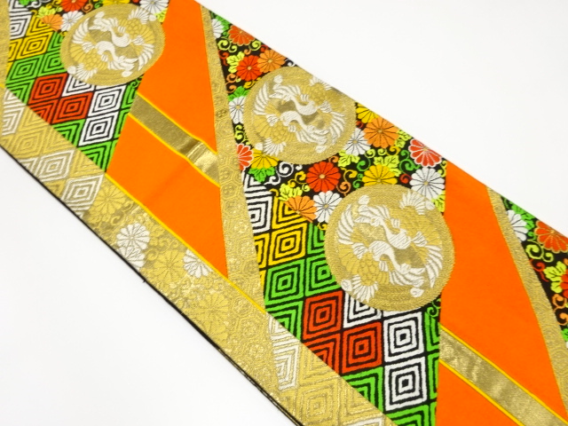 アンティーク　向かい鳳凰に菊唐草模様織り出し袋帯（着用可）